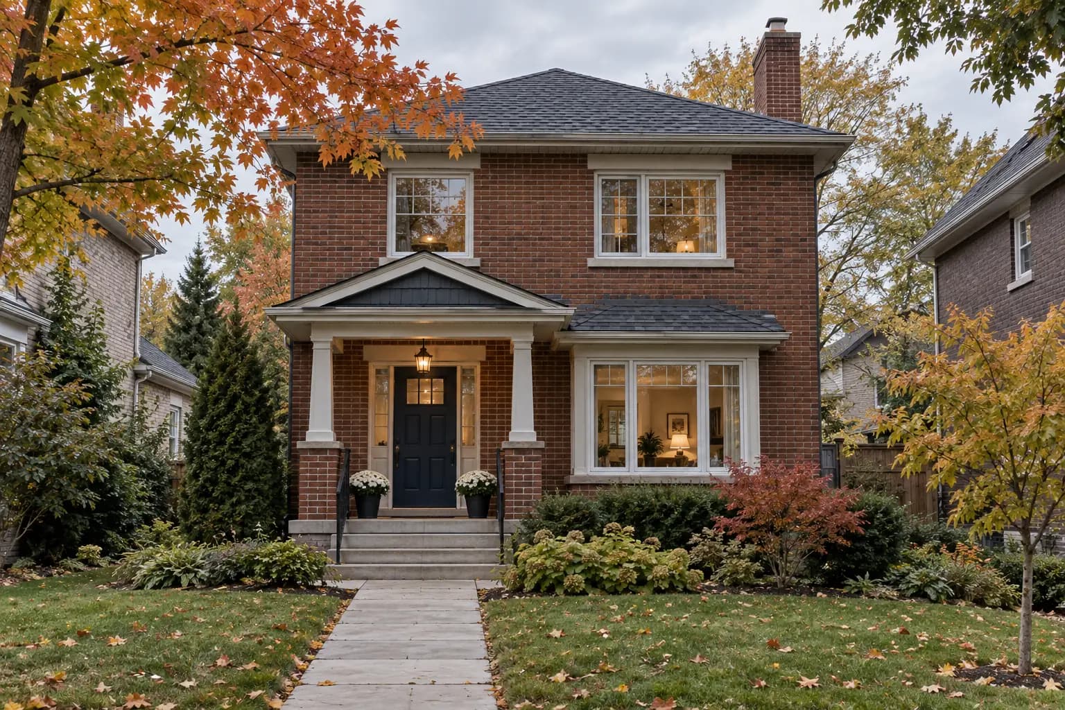Illustration of a brick home with a garden and autumn trees.
